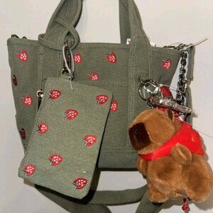 NWT Madden Girl Viral Mini Tote Olive Green W/Strawberries Heart Charm Capybara